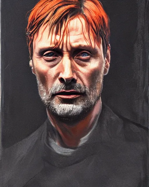 Prompt: mads mikkelson as clifford unger from death stranding, mysterious portrait, oil painting, orange fill light