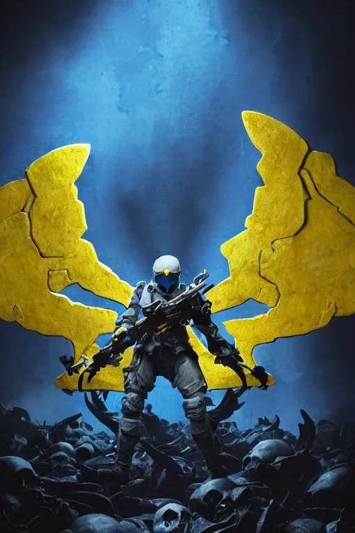 Prompt: A ghost soldier with wings with a blue and yellow flag behind him is standing on a pile of skulls in triumph, concept art, сinematic lighting, insanely detailed, smooth, sharp focus, trending on Artstation, 8k, unreal engine, hyper realistic, steampunk style, bright background, moonlight, volumetric lighting, wallpaper, digital illustration by Ruan Jia and Mandy Jurgens and Artgerm and Wayne Barlowe and Greg Rutkowski and Zdislav Beksinski