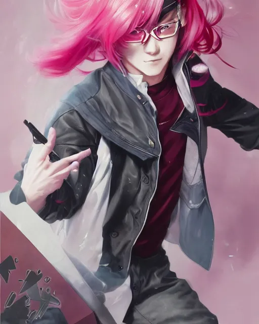 Image similar to Saiki K, Kusuo Saiki, pink hair male protagonist, manga artwork, detailed artwork, by Ruan Jia and Gil Elvgren, fullbody