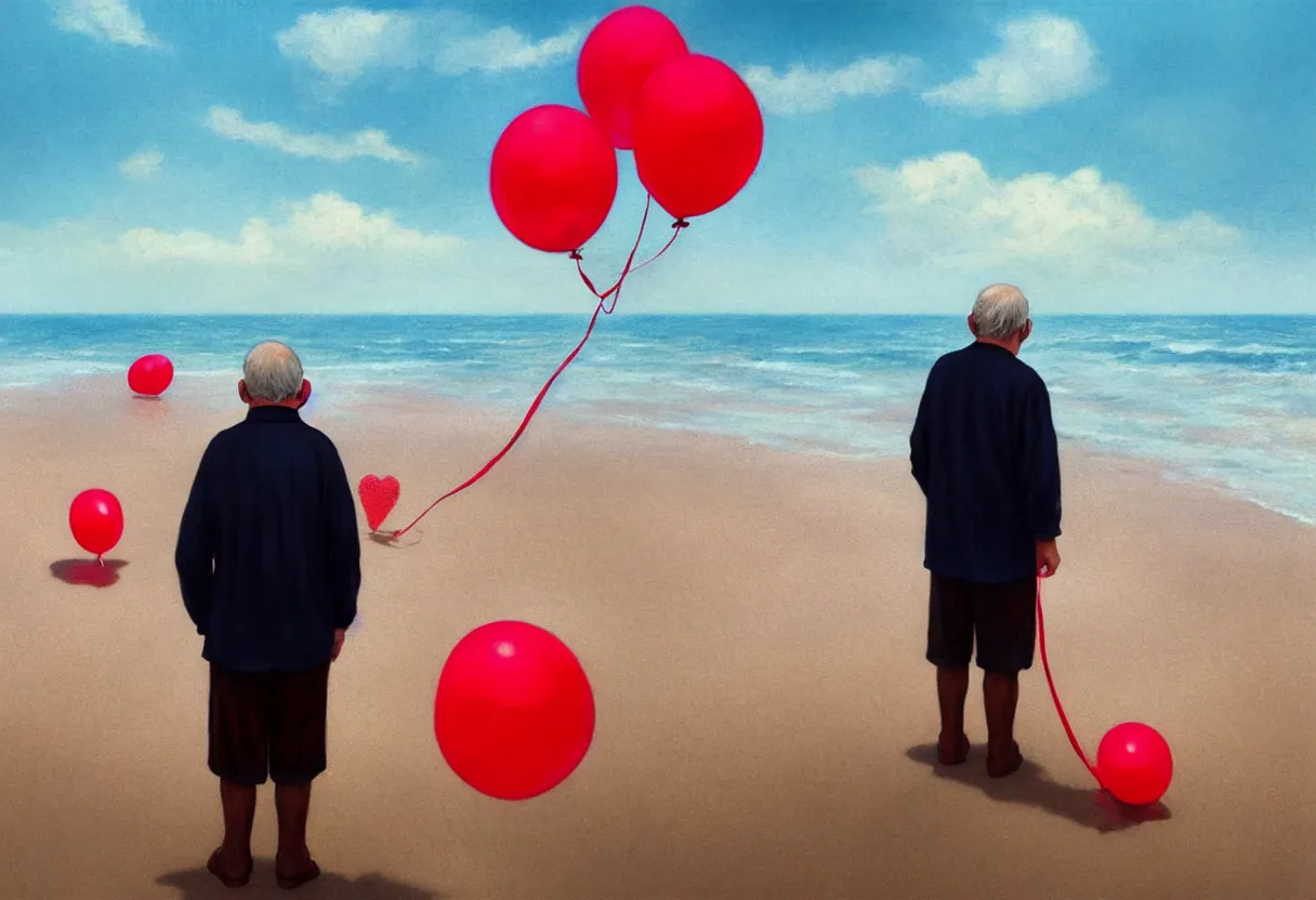 Image similar to lonely old man on the beach, holding red balloons. extremely high fidelity, 8 k, super resolution, cinematic view, super resolution, epic, hyperdetailed, digital painting, artstation, concept art, smooth, sharp focus, octane render, dramatic lighting, ground level, art by artgerm and greg rutkowski and alphonse mucha and wlop