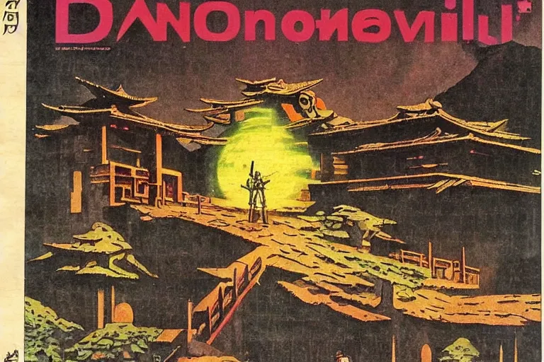 Prompt: 1 9 7 9 omni magazine cover of dnd village. japanese woodblock style by vincent di fate