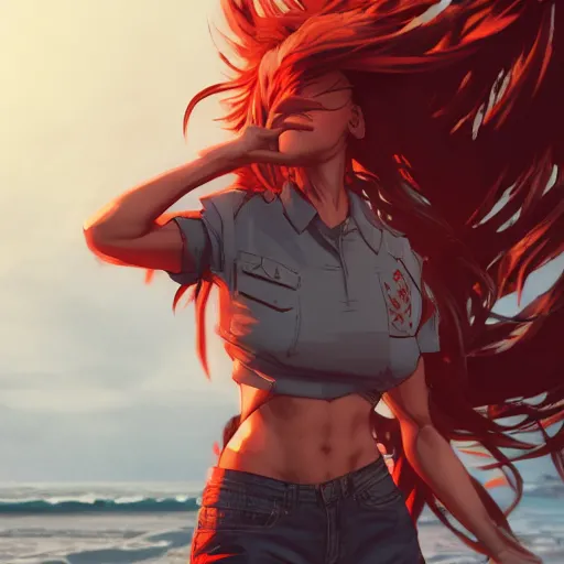 Prompt: full body character deisgn by artgerm, yoji shinkawa, greg rutkowski. cute russian cyborg scarlet red haired woman, steel gray body, denim shorts, cropped shirt with jacket, beach sunset background, soft smile, 8 k ultra detailed, elegant, octane render, voluptuous curves