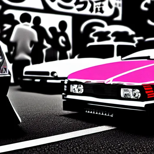 Image similar to a car bosozoku at illegal car meet, Chiba prefecture, city mist softlight, photorealistic, highly detailed, 85MM