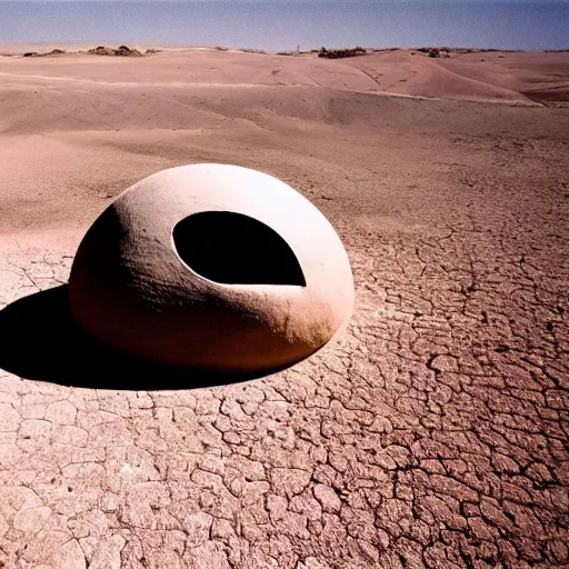 Image similar to an orb-like clay house sitting in the desert, vintage photo, beautiful cinematography, blue sky, film grain