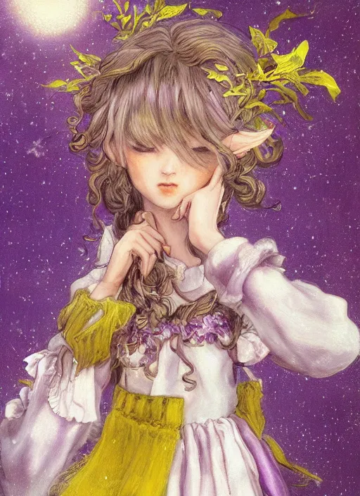 Image similar to little elf girl, santa claus suit, soft hair. light color palate, purple, yellow and white. detailed soft painting, ayami kojima, made in abyss, anatomically correct, inspired in balthus, high detailed face anime, vogue magazine, glorious composition, mobile wallpaper