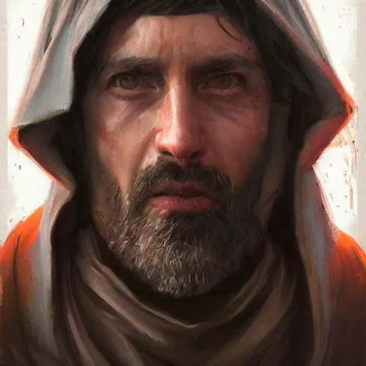 Image similar to portrait of a man by greg rutkowski, jedi master, arabian features, messy long black hair, wearing orange jedi robes, star wars expanded universe, he is about 6 0 years old, highly detailed portrait, digital painting, artstation, concept art, smooth, sharp foccus ilustration, artstation hq