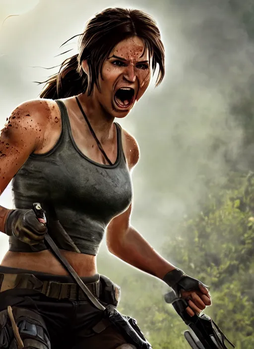 Image similar to a film still of lara croft screaming, her face sweat, direct sun light, close up potrait, cinematic,