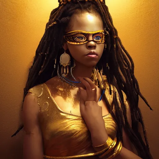 Image similar to the portrait, masked swahili female violinist, exotic costumes, gold jewelry, black dreads hair ， illustration by wenjun lin, irakli nadar, bright colors, octopath traveler, wenjun lin, unreal engine 5 highly rendered, global illumination, radiant light, detailed and intricate environment