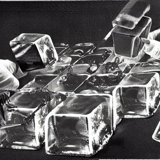 Image similar to gelatinous cubes being processed into magic items with the juice made from their bodies, d & d, industry magazine photo from the year 1 1 8 9