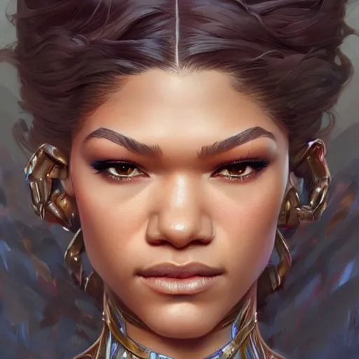 Image similar to beautiful zendaya, closeup, D&D, fantasy, intricate, elegant, highly detailed, digital painting, artstation, concept art, matte, sharp focus, illustration, art by Artgerm and Greg Rutkowski and Alphonse Mucha