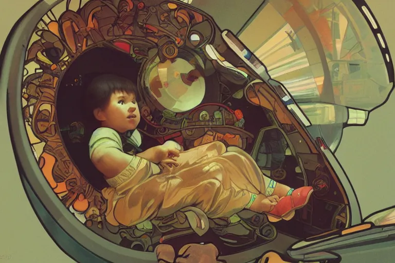 Image similar to a baby in a spaceship, very detailed, smooth render, illustration, art style by shigeru miyamoto and Alphonse Mucha