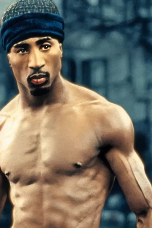 Image similar to film still of Tupac as rocky balboa in rocky, 4k