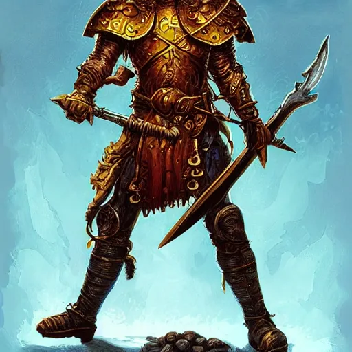 Image similar to perfect warrior with golden plates and a halberd, dnd illustration by jeff easley and dan mumford, character concept trending on artstation