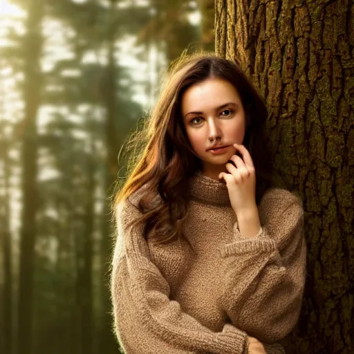 Prompt: real life photo of a beautiful girl, full body photoshoot, long brown hair, brown eyes, full round face, short smile, wool sweater, forest setting, cinematic lightning, medium shot, mid - shot, highly detailed, trending on artstation, unreal engine 4 k, 8 0 mm, 8 5 mm, cinematic wallpaper