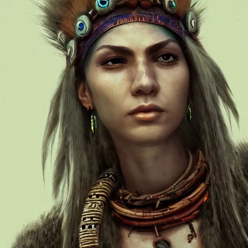 Prompt: a female shaman profile picture, concept art, high resolution and detail, photorealistic, cinematic, amazing, inspiring, attractive, full body shot