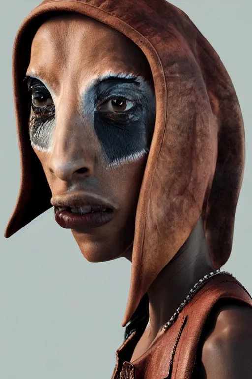 Image similar to rick owens campaign featuring jar jar binks as a female cowgirl, long eyeslashes, huge juicy lips, big seductive eyes, unprocessed colors, # nofilter, realistic vfx simulation