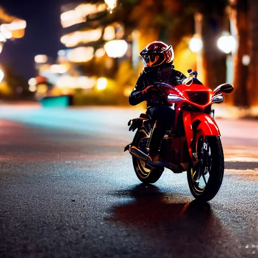 Image similar to a photo of a tabby cat riding a motorcycle, wearing a red helmet and a yellow scarf at night, 4k , highly detailed, award winning photo