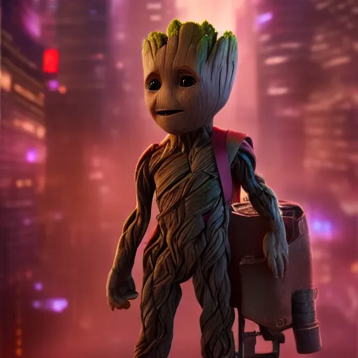 Prompt: Baby Groot in Gotham, hyperdetailed, artstation, cgsociety, 8k