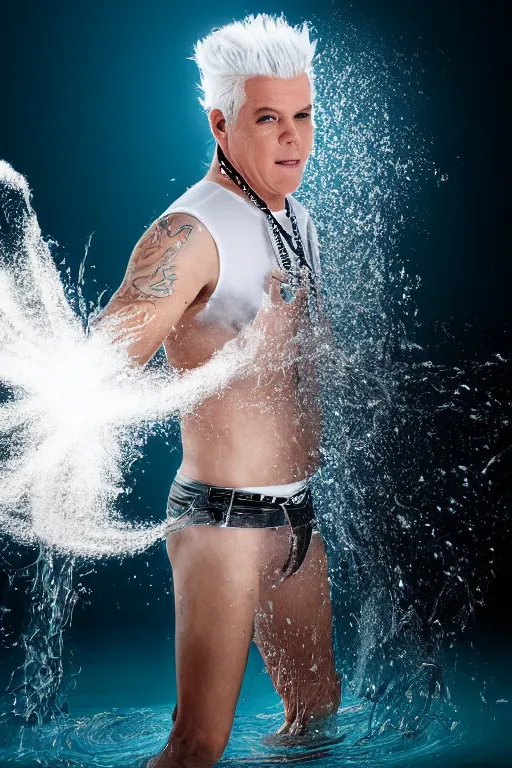 Image similar to scooter band member baxxter with white hair standing in water with explosion in background, full body, reflection in water, volumetric lighting, golden ratio