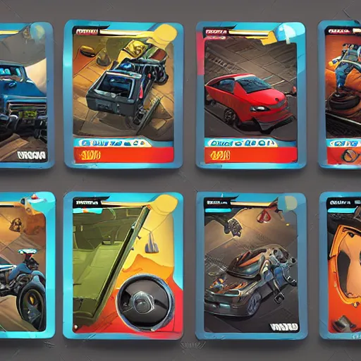 Image similar to car engine car parts concept art, cards, comic page, realistic fortnite, ui cards