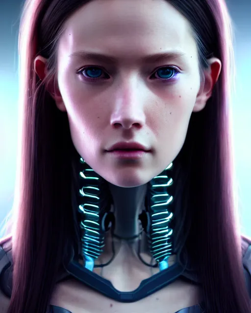 Image similar to a portrait of a beautiful 28th century super cool post-human female very young with long hair, barely human and largely biomechanical cyberpunk, hyper-realistic, very detailed unreal engine, by Artgerm, WLOP and Ross Thran, dramatic cinematic lighting rendered by octane, 8k, detailed, trending on artstation, deviantart google images, pinterest