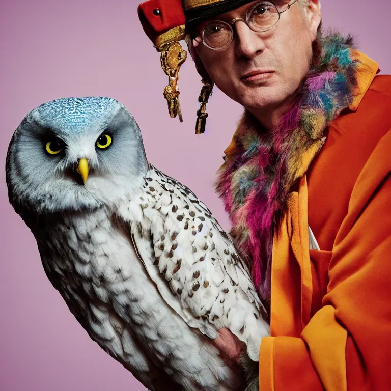 Prompt: high fashion photoshoot octane render portrait by wayne barlow and carlo crivelli and glenn fabry, a distinguished actor wearing a colorful wes anderson designed uniform and holding a snow owl inside a high - end exotic colorful pastel vintage boutique hotel lounge, very short depth of field, bokeh