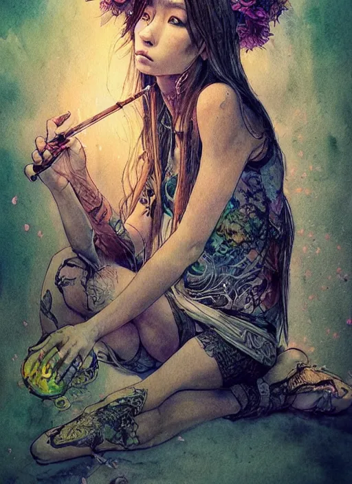 Image similar to portrait, beautiful Stoner hippy girl, sitting cross-legged, smoking a magical bong, watercolor, dramatic lighting, cinematic, establishing shot, extremely high detail, foto realistic, cinematic lighting, pen and ink, intricate line drawings, by Yoshitaka Amano, Ruan Jia, Kentaro Miura, Artgerm, post processed, concept art, artstation, matte painting, style by eddie mendoza, raphael lacoste, alex ross