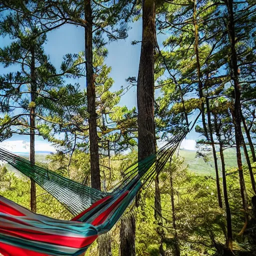 Image similar to relaxing in a hammock on top of a mountain, amazing views, award winning photography, highly detailed