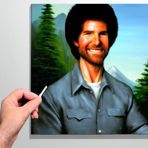 Image similar to a closeup photorealistic photograph of bob ross holding a paintbrush and diligently finishing a canvas painting of tom cruise. mountains and trees. film still. brightly lit scene. this 4 k hd image is trending on artstation, featured on behance, well - rendered, extra crisp, features intricate detail, epic composition and the style of unreal engine.