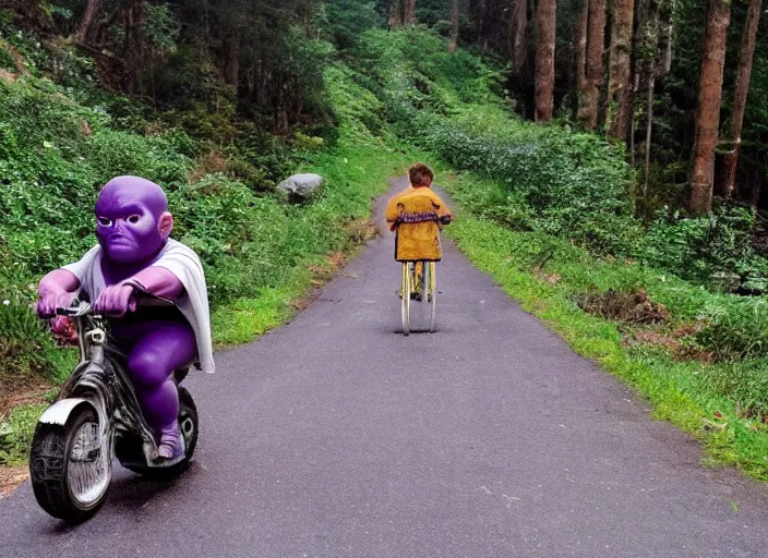 Image similar to film still of thanos riding a small childrens bike down a steep mountain road in the goonies 1 9 8 5