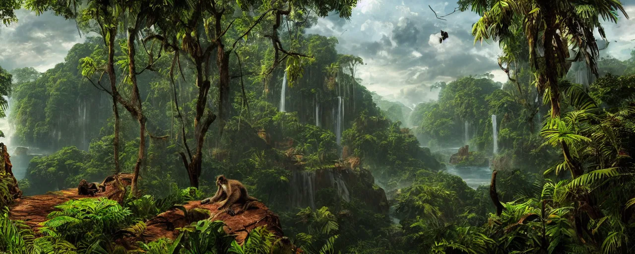 Prompt: an monkey sits in the amazon jungle, beautiful dynamic lighting, cinematic, wide angle establishing shot, extremely high detail, photo realistic, cinematic lighting, post processed, concept art, artstation, matte painting, style by frederic church, raphael lacoste, unreal engine 8 k