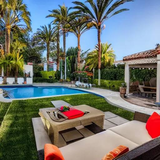 Image similar to Backyard with a pool, palm trees and patio with a fireplace in the middle of the sofas, big beautiful street lamps