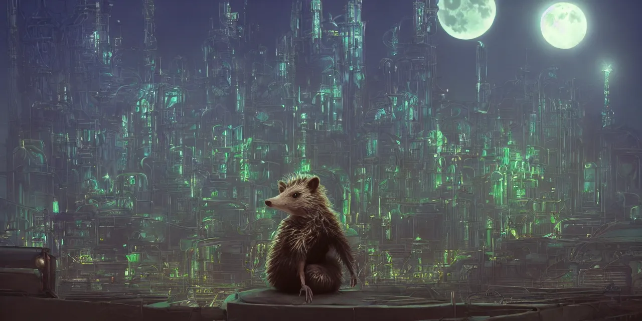 Prompt: a professional portrait, of an anthropomorphic hedgehog sitting outside of a futuristic ancient cyberpunk academy, factories and power plants everywhere, big moon in background, green smoggy sky, cinematic lighting, metal towers and sewers, artstation, omni magazine,