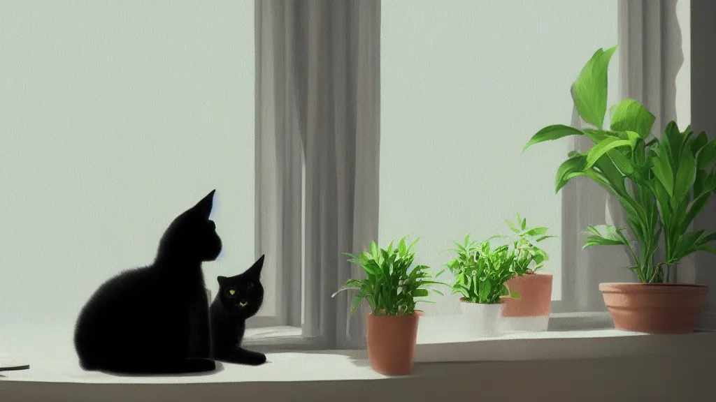 Prompt: peaceful dreamy painting of a black cat sitting by a window and looking outside, a tabby cat outside the window, sunshine coming through the window, small plants on the window sill, 8k, hyper realism, trending on artstation, octane render