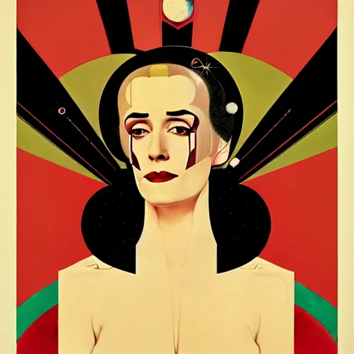 Image similar to Art by Coles Phillips, Portrait of the actress, Eva Green as Space Commander Alpha from the Year 4000, geometric art, poster, no text, Mucha, Kandinsky, carbon blac and antique gold