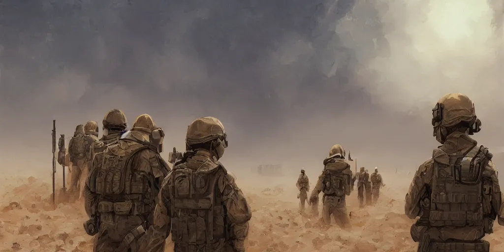 Image similar to private military company operatives standing outside immigration check point with severe sand storm across the sky, cinematic, realistic, detailed, intricate, digital art, ambient lighting, by jordan grimmer, pop art style, 3 5 mm film grain, artstation