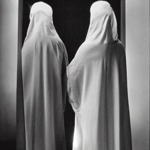 Image similar to phot of 1960’s award winning photo, two Floating twin nuns wearing hoods, buxom chested, blindfolded wearing translucent veils see through dress, Very long arms, bedroom, wood door, eerie, frightening, highly detailed, photorealistic, colorized —width 1024 —height 1024