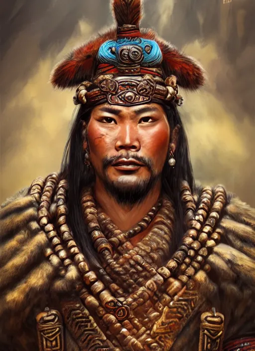 Image similar to tai warlord, closeup portrait, historical, ethnic group, traditional costume, fantasy, intricate, with dong son bronze artifacts, beads cross onbare chest, elegant, loin cloth, highly detailed, oill painting, artstation, concept art, matte, sharp focus, illustration, hearthstone, art by earl norem