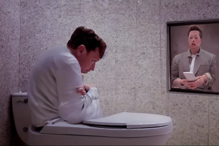 Image similar to hyperrealism aesthetic ridley scott and denis villeneuve style photography of a detailed elon musk, siting on a detailed toilet and scrolling his smartphone in hyperrealism scene from detailed art house movie in style of alejandro jodorowsky and wes anderson