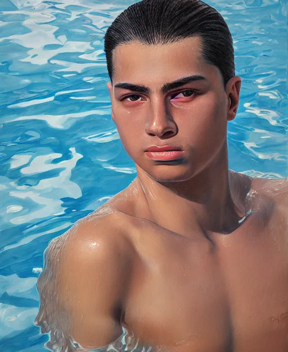 Prompt: portrait of a handsome young tejano swimmer, art by denys tsiperko and bogdan rezunenko, hyperrealism