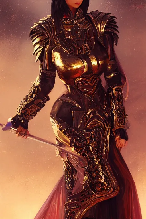 Image similar to portrait knights of Zodiac girl+smoky eyes, black and red reflected armor, in ruined Agora of Athensblack magic night, ssci-fi, fantasy, intricate, very very beautiful, elegant, golden light, highly detailed, digital painting, artstation, concept art, smooth, sharp focus, illustration, art by tian zi and WLOP and alphonse mucha