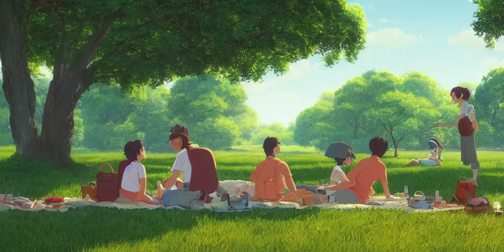 Image similar to a film still of a picknick in the park, medium shot, waist up, wes anderson, studio ghibli, pixar and disney animation, sharp, rendered in unreal engine 5, anime key art by greg rutkowski, bloom, dramatic lighting