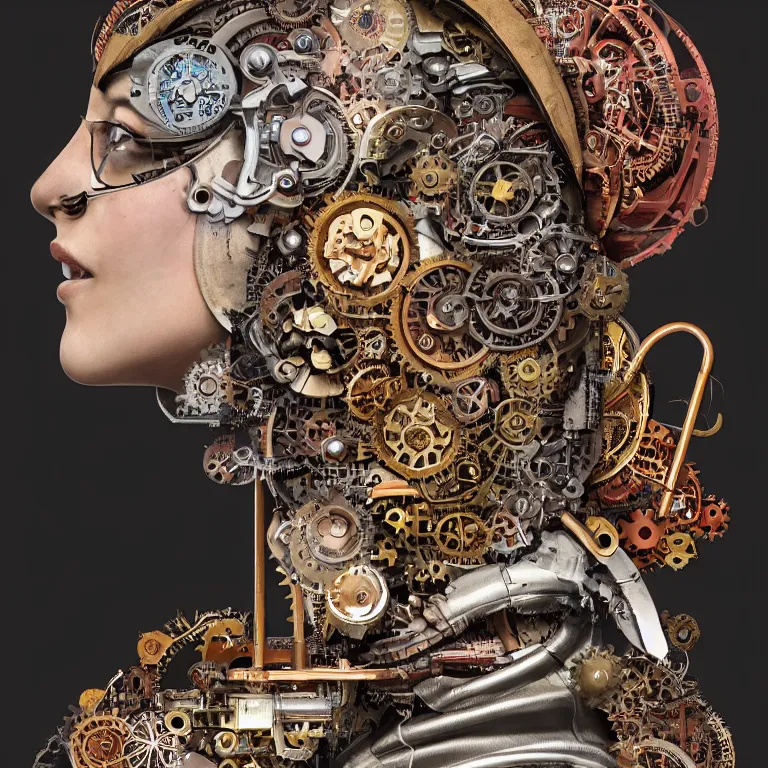 Image similar to profile portrait of a woman, computer parts, mechanical parts, by giuseppe arcimboldo, steampunk, cyberpunk, futuristic, psychedelic, surreal, sci - fi, vaporwave, alien, dreamlike.