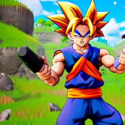 Prompt: still of goku holding a rocket launcher from fortnite