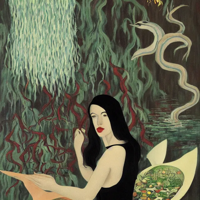 Prompt: tall emo female artist holding a large fish in her flooded kitchen, seaweed, pomegranates, octopus, water gushing from ceiling, painting of flood inside an artist's apartment, a river flooding indoors, ikebana, zen, rapids, waterfall, black swans, canoe, berries, acrylic on canvas, surrealist, by magritte and monet