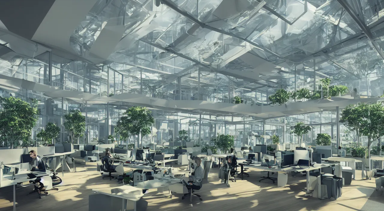 Image similar to futuristic open office with parks and plants, glowing computer screens, bright with large windows and voluminous light and light rays, extremely intricate, very detailed, artstation, octane render, warm color highlights, cinematic lighting