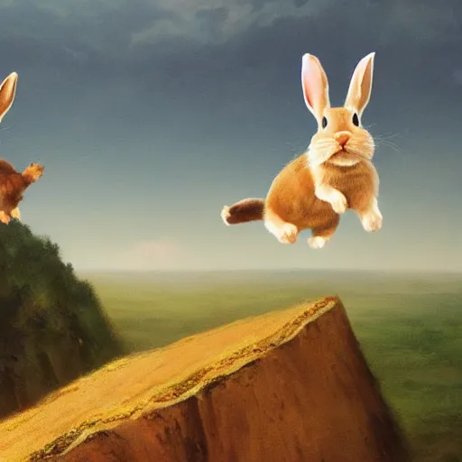 Prompt: bunnies jumping a cliff