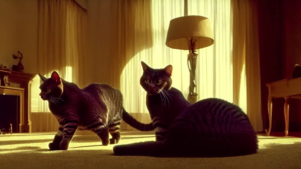 Image similar to an average american cat in the living room, film still from the movie directed by Denis Villeneuve with art direction by Salvador Dalí, wide lens