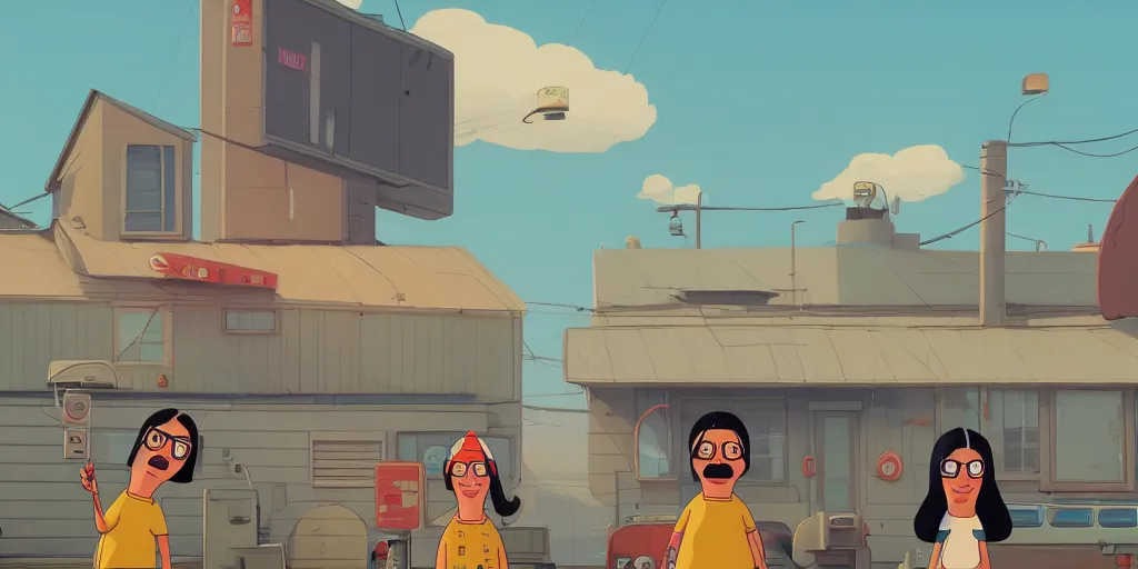 Image similar to bobs burgers by Goro Fujita and Simon Stalenhag , 8k, trending on artstation, hyper detailed, cinematic