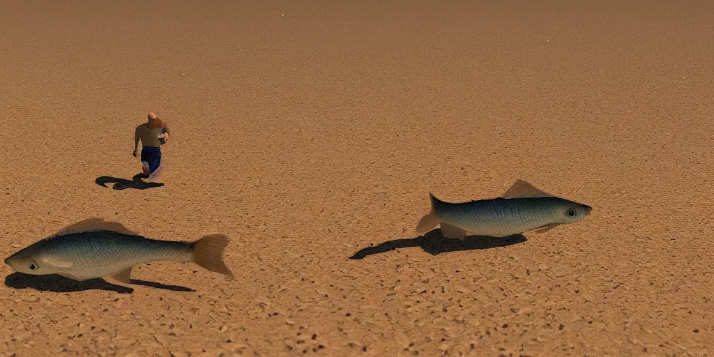 Prompt: fish running in the desert, highly detailed, 8 k, masterpiece, super resolution.